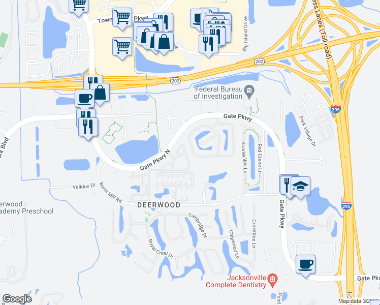 map of restaurants, bars, coffee shops, grocery stores, and more near 11175 Castlemain Circle East in Jacksonville