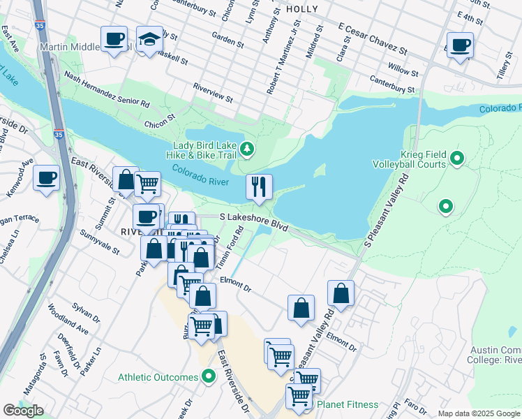 map of restaurants, bars, coffee shops, grocery stores, and more near 2200 South Lakeshore Boulevard in Austin