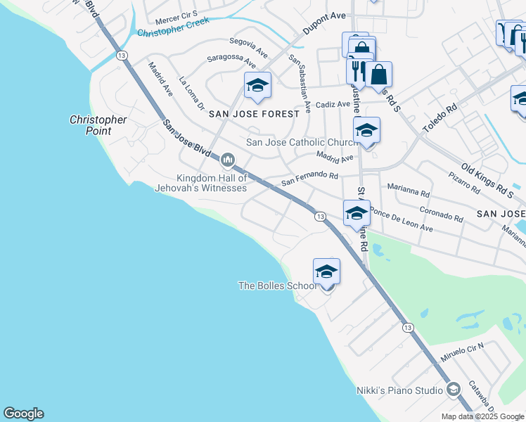 map of restaurants, bars, coffee shops, grocery stores, and more near 7246 San Carlos Road in Jacksonville