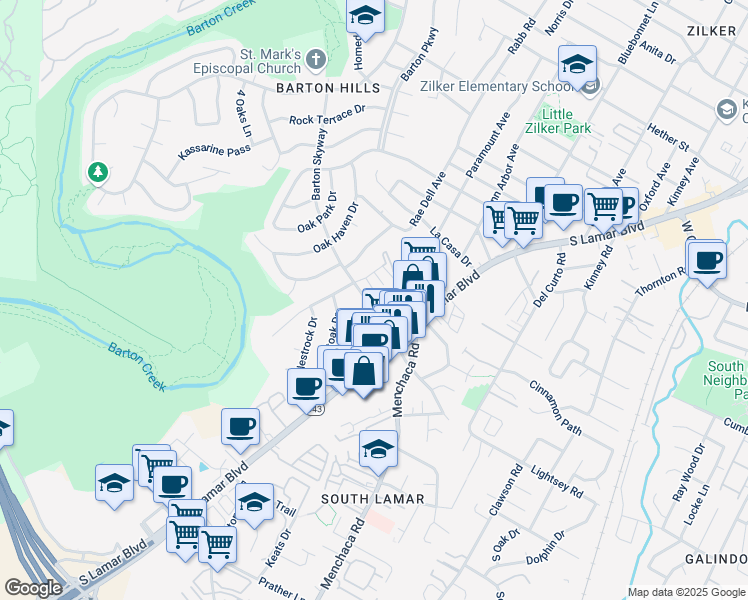 map of restaurants, bars, coffee shops, grocery stores, and more near 2322 Westforest Drive in Austin