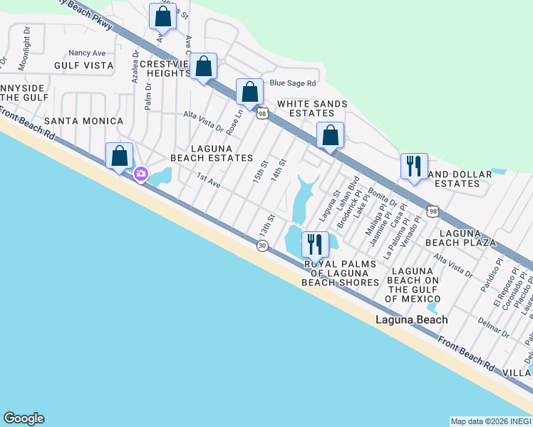 map of restaurants, bars, coffee shops, grocery stores, and more near 20009 1st Avenue in Panama City Beach