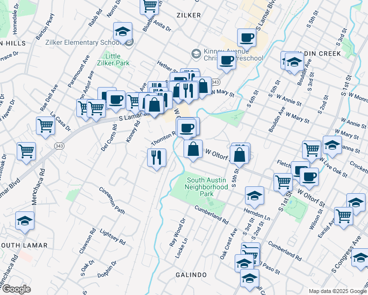 map of restaurants, bars, coffee shops, grocery stores, and more near 2406 Havenside Drive in Austin