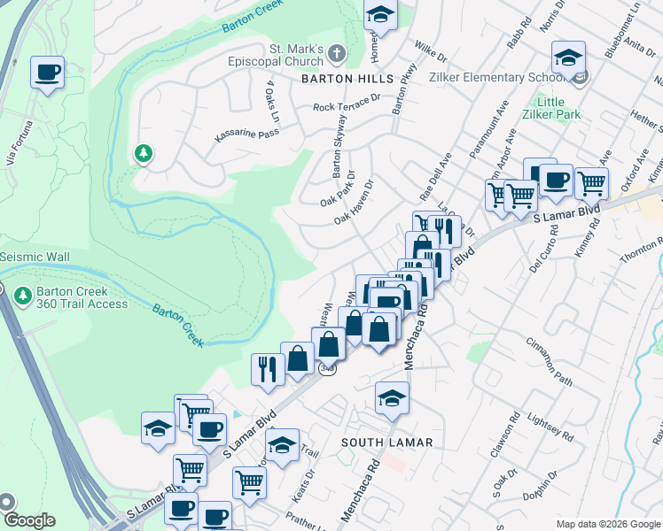 map of restaurants, bars, coffee shops, grocery stores, and more near 3206 Westhill Drive in Austin