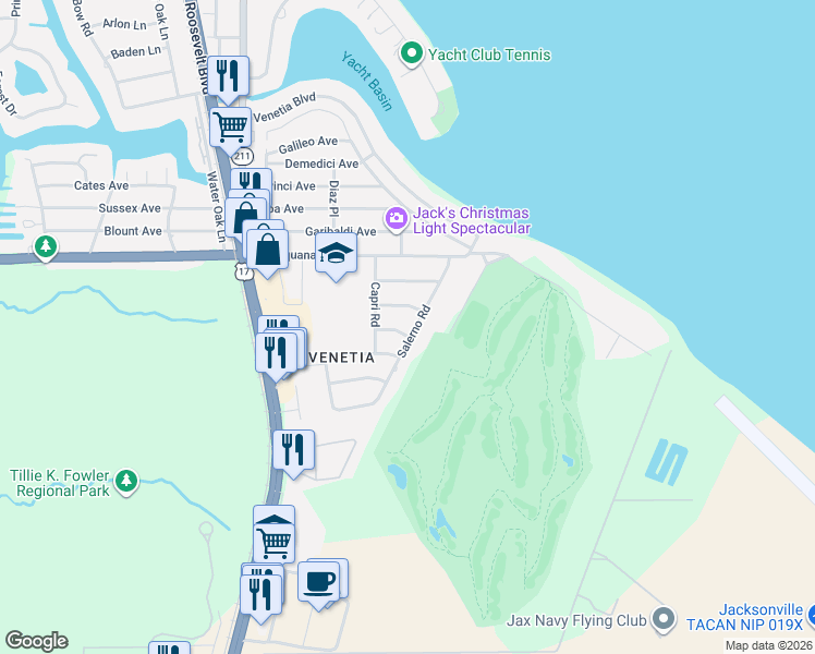 map of restaurants, bars, coffee shops, grocery stores, and more near 4203 Rapallo Road in Jacksonville