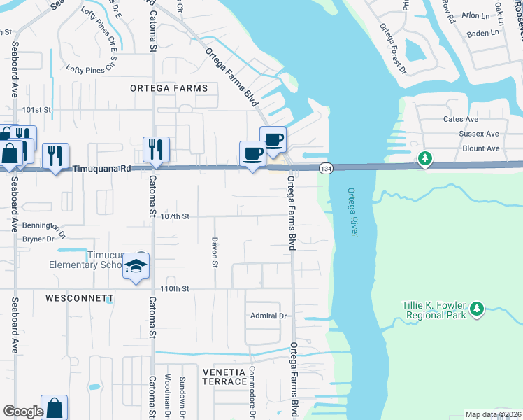 map of restaurants, bars, coffee shops, grocery stores, and more near 5156 107th Street in Jacksonville