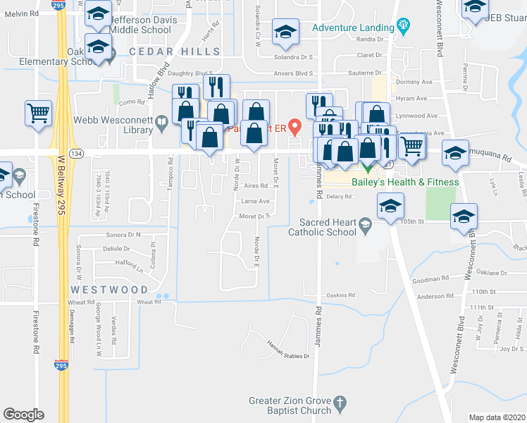 map of restaurants, bars, coffee shops, grocery stores, and more near 6528 Moret Drive East in Jacksonville
