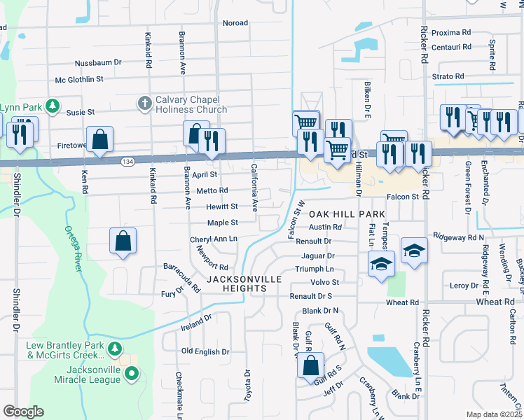map of restaurants, bars, coffee shops, grocery stores, and more near 5641 California Avenue in Jacksonville