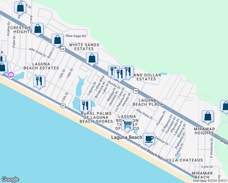 map of restaurants, bars, coffee shops, grocery stores, and more near 225 Jasmine Place in Panama City Beach