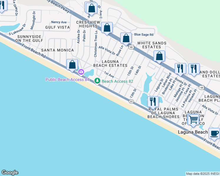 map of restaurants, bars, coffee shops, grocery stores, and more near 20314 Front Beach Road in Panama City Beach