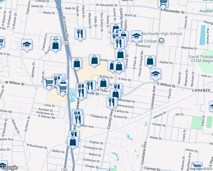 map of restaurants, bars, coffee shops, grocery stores, and more near 218 West Cedar Street in Lafayette
