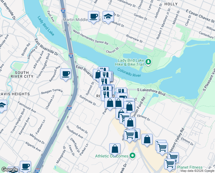 map of restaurants, bars, coffee shops, grocery stores, and more near 1705 South Lakeshore Boulevard in Austin