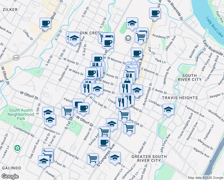 map of restaurants, bars, coffee shops, grocery stores, and more near 207 West Johanna Street in Austin