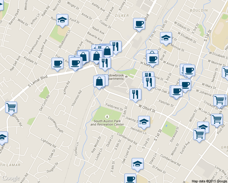 map of restaurants, bars, coffee shops, grocery stores, and more near 1201 West Oltorf Street in Austin