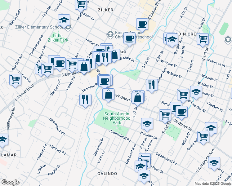 map of restaurants, bars, coffee shops, grocery stores, and more near 1201 West Oltorf Street in Austin
