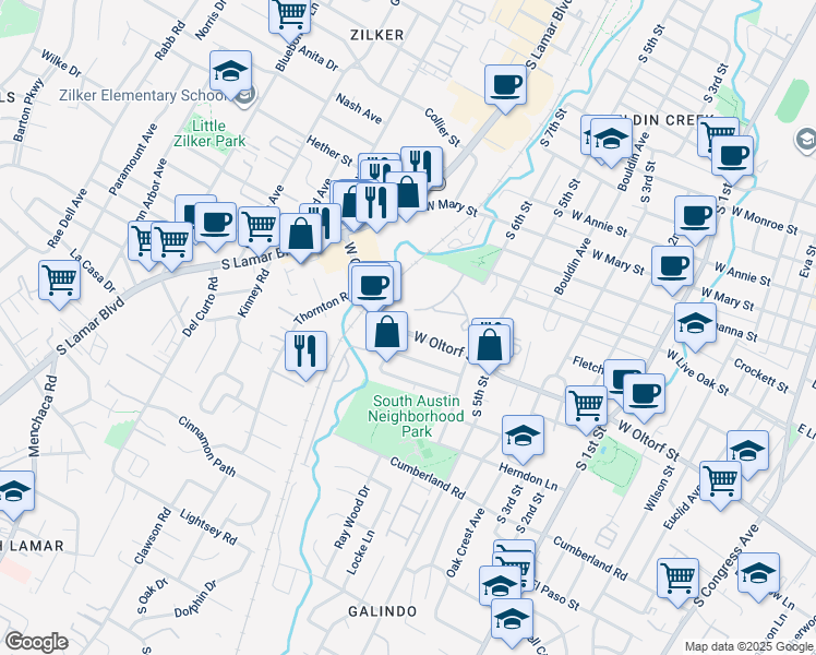 map of restaurants, bars, coffee shops, grocery stores, and more near 1201 West Oltorf Street in Austin