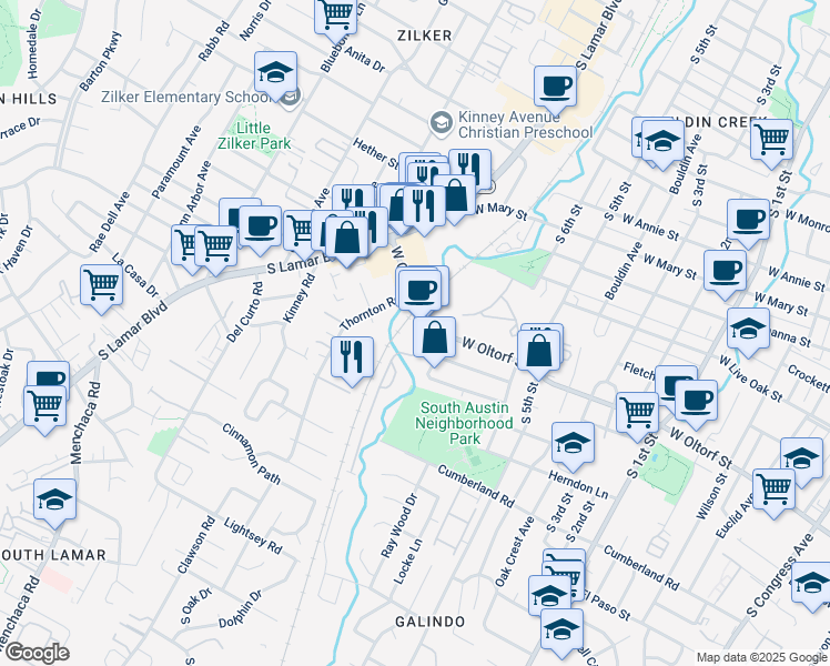 map of restaurants, bars, coffee shops, grocery stores, and more near 2406 Havenside Drive in Austin