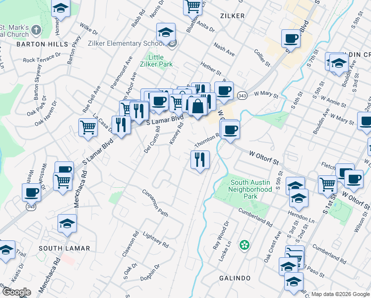 map of restaurants, bars, coffee shops, grocery stores, and more near 1606b Ravey Street in Austin