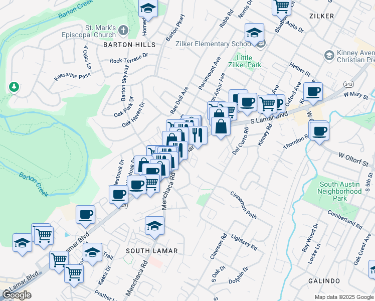 map of restaurants, bars, coffee shops, grocery stores, and more near 2701 Texas 343 Loop in Austin