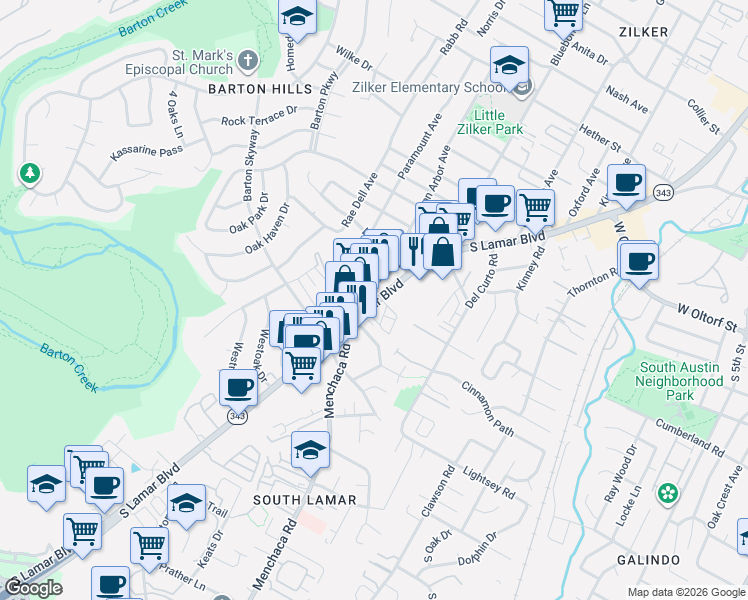 map of restaurants, bars, coffee shops, grocery stores, and more near 2701 Texas 343 Loop in Austin