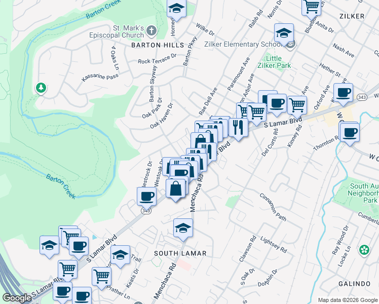 map of restaurants, bars, coffee shops, grocery stores, and more near in Austin