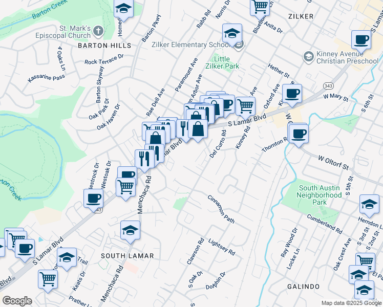 map of restaurants, bars, coffee shops, grocery stores, and more near 2604 Del Curto Road in Austin