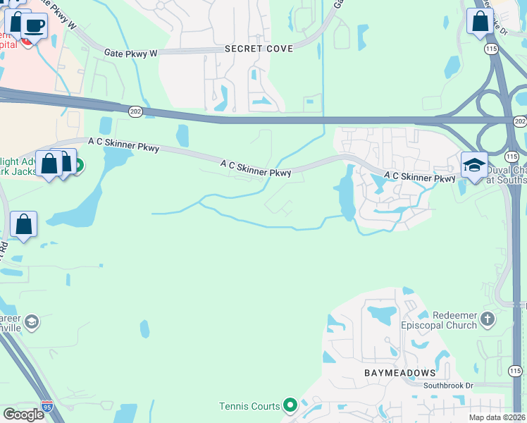 map of restaurants, bars, coffee shops, grocery stores, and more near 7200 A C Skinner Parkway in Jacksonville