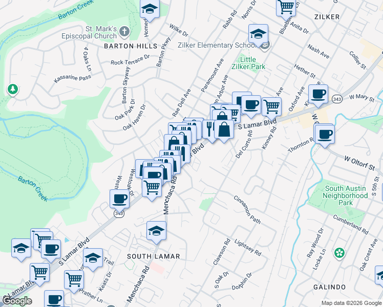 map of restaurants, bars, coffee shops, grocery stores, and more near South Lamar Boulevard in Austin