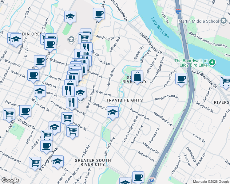 map of restaurants, bars, coffee shops, grocery stores, and more near 1704 East Side Drive in Austin