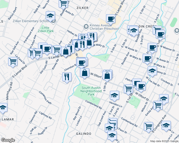 map of restaurants, bars, coffee shops, grocery stores, and more near 1208 West Oltorf Street in Austin