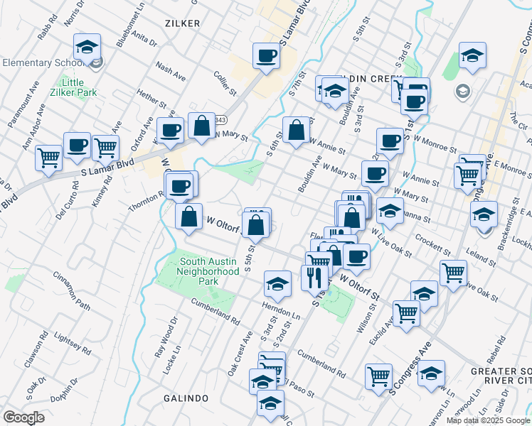map of restaurants, bars, coffee shops, grocery stores, and more near 2301 South 5th Street in Austin