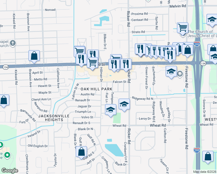 map of restaurants, bars, coffee shops, grocery stores, and more near 7715 Falcon Street in Jacksonville