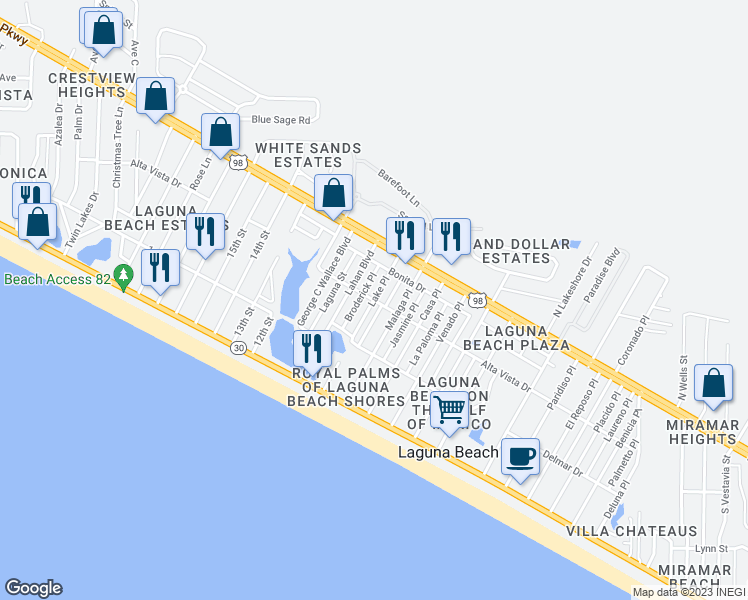 map of restaurants, bars, coffee shops, grocery stores, and more near Alta Vista Drive in Panama City Beach