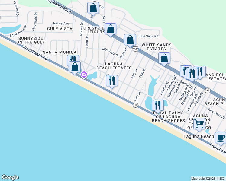 map of restaurants, bars, coffee shops, grocery stores, and more near 20314 Front Beach Road in Panama City Beach