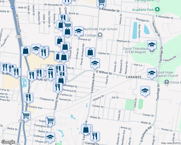 map of restaurants, bars, coffee shops, grocery stores, and more near in Lafayette