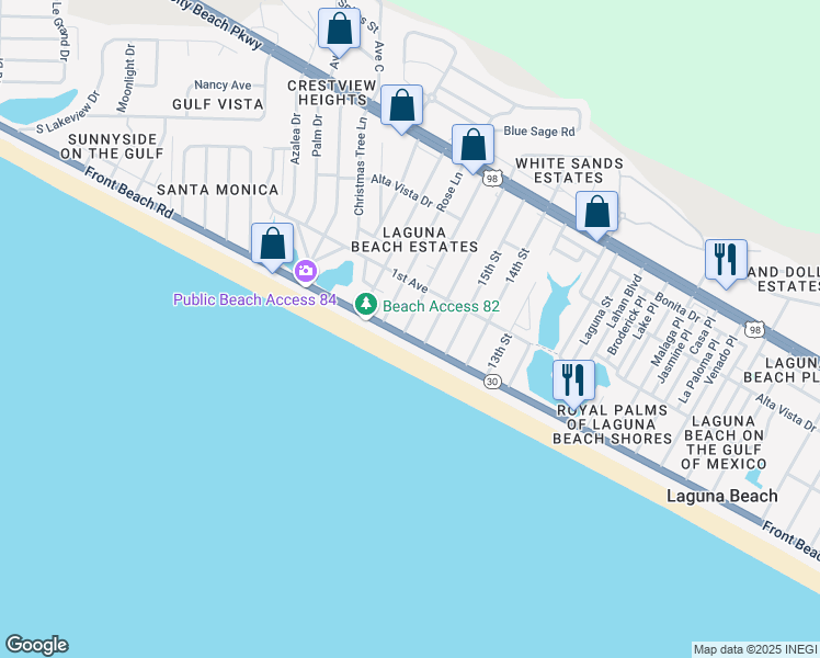 map of restaurants, bars, coffee shops, grocery stores, and more near 20314 Front Beach Road in Panama City Beach