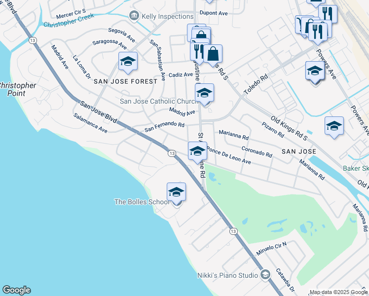 map of restaurants, bars, coffee shops, grocery stores, and more near 7330 Ventura Avenue in Jacksonville
