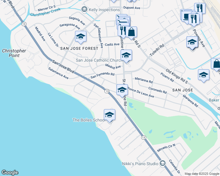map of restaurants, bars, coffee shops, grocery stores, and more near 3325 Via De La Reina Street in Jacksonville