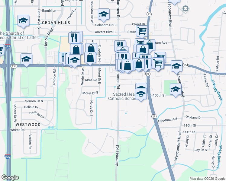 map of restaurants, bars, coffee shops, grocery stores, and more near 5606 Jammes Road in Jacksonville