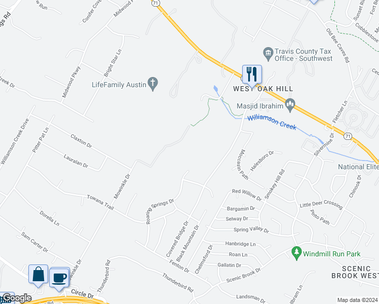 map of restaurants, bars, coffee shops, grocery stores, and more near 8751 Texas 71 in Austin