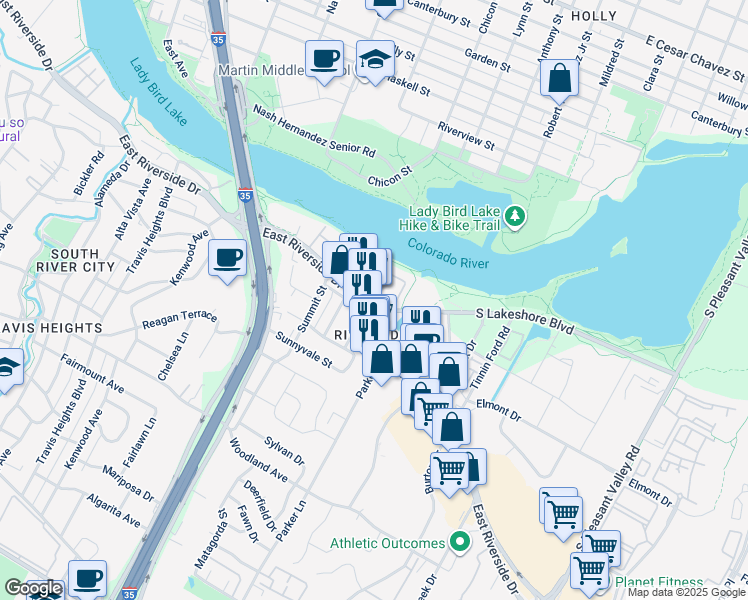 map of restaurants, bars, coffee shops, grocery stores, and more near 1620 East Riverside Drive in Austin
