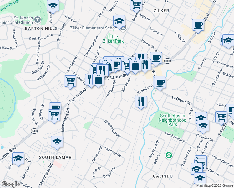 map of restaurants, bars, coffee shops, grocery stores, and more near 2205 Delcrest Drive in Austin