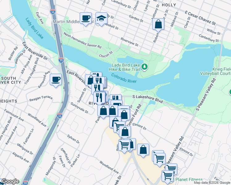 map of restaurants, bars, coffee shops, grocery stores, and more near 1818 South Lakeshore Boulevard in Austin