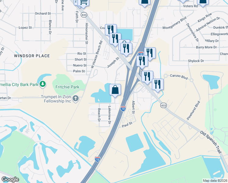 map of restaurants, bars, coffee shops, grocery stores, and more near 56339 Frank Pichon Road in Slidell