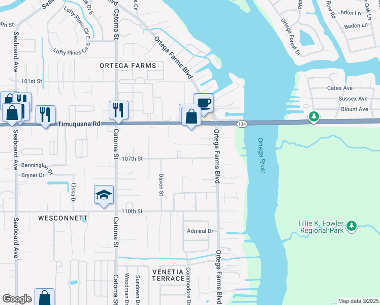 map of restaurants, bars, coffee shops, grocery stores, and more near 5151 Delphin Lane in Jacksonville