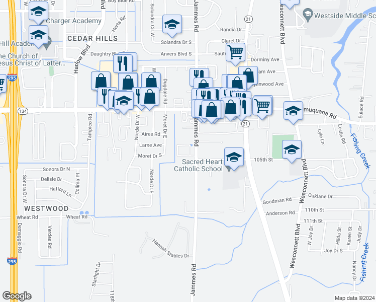 map of restaurants, bars, coffee shops, grocery stores, and more near 5606 Jammes Road in Jacksonville