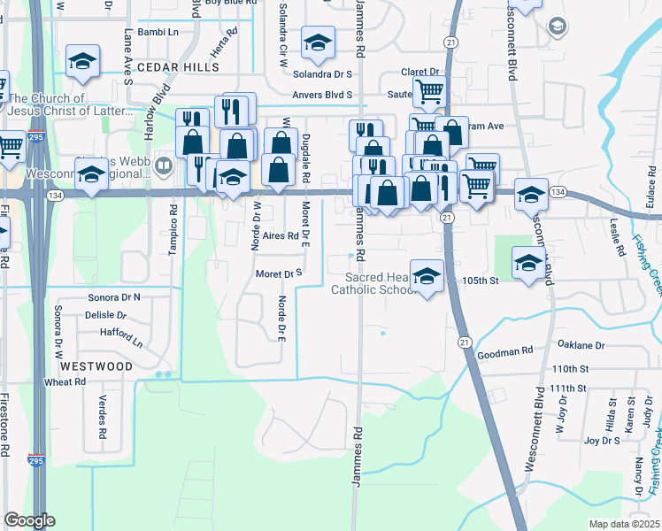 map of restaurants, bars, coffee shops, grocery stores, and more near 5606 Jammes Road in Jacksonville