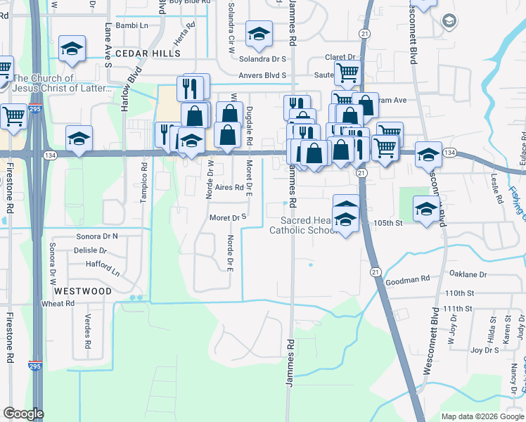 map of restaurants, bars, coffee shops, grocery stores, and more near 5606 Jammes Road in Jacksonville
