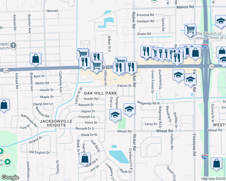 map of restaurants, bars, coffee shops, grocery stores, and more near 7715 Falcon Street in Jacksonville