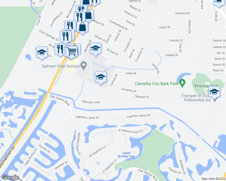 map of restaurants, bars, coffee shops, grocery stores, and more near 216 Amanda Drive in Slidell