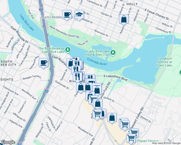 map of restaurants, bars, coffee shops, grocery stores, and more near 1818 South Lakeshore Boulevard in Austin